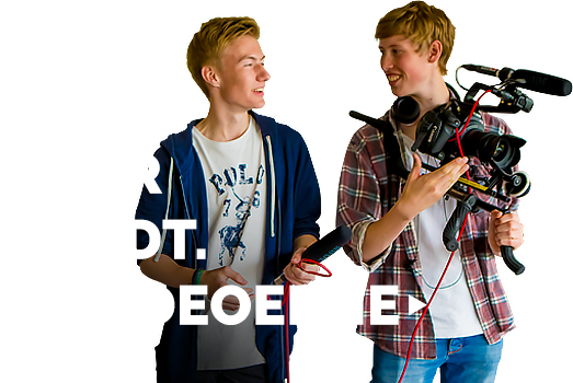 Tag med på video-rundvisning med Jakob og Mads Jakob og Mads med tekst: Jakob og Mads viser rundt på skolen