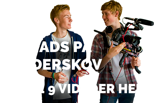 Tag med på video-rundvisning med Jakob og Mads Jakob og Mads med tekst: Jakob og Mads viser rundt på skolen